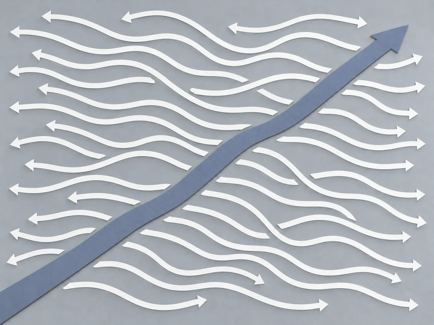 A slate-blue arrow cuts through a dense field of white arrows, with narrow gaps on either side.